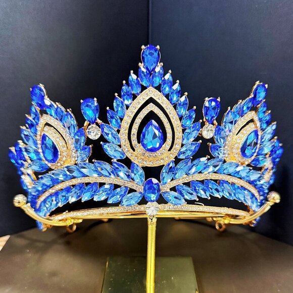 Quinceanera Crown, Blue Rhinestone Crown, Large Size Crown, Gold Crystal Crown main image 4